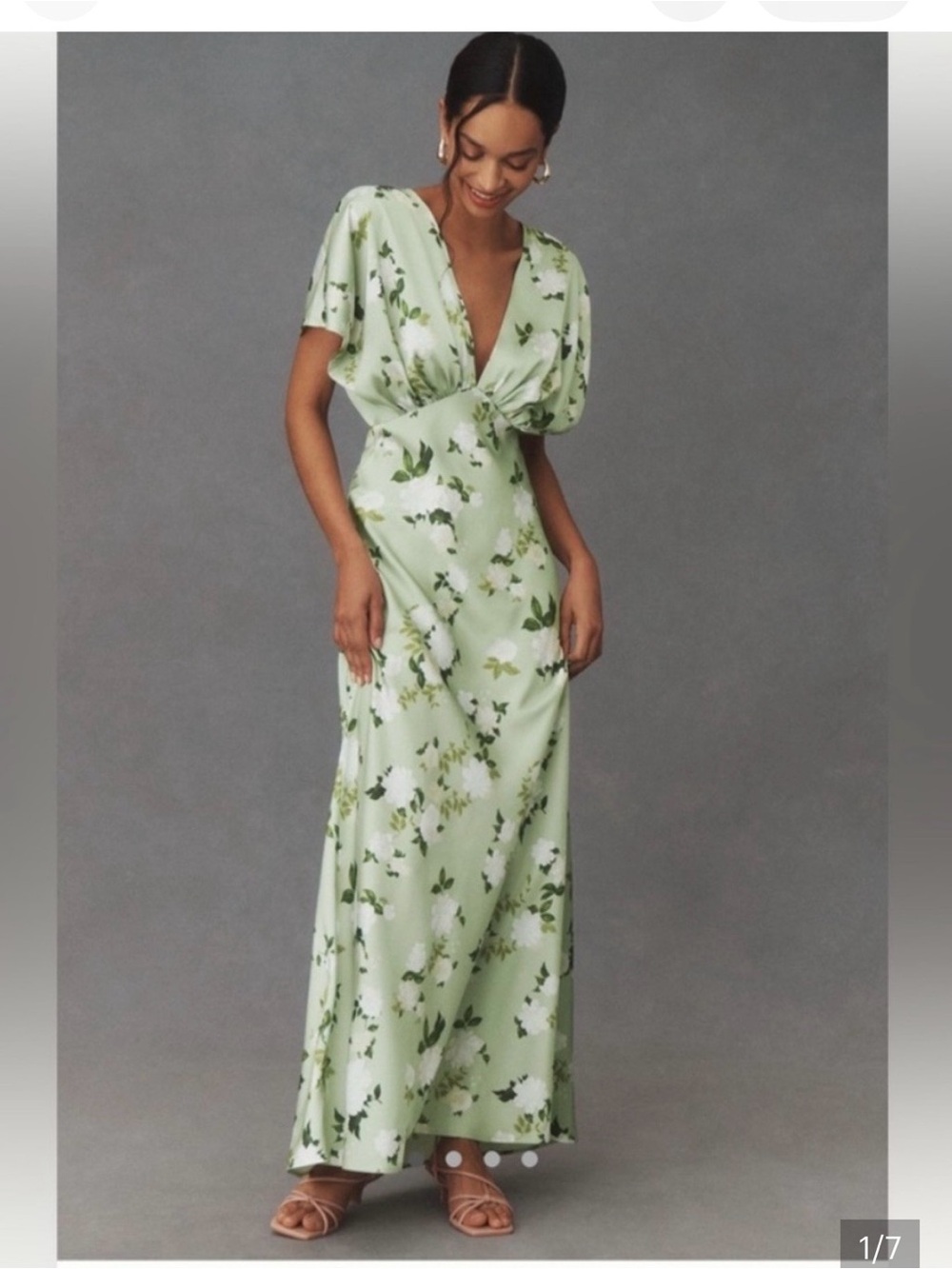 BHLDN Leila Deep-V Flutter Sleeve Satin Gown